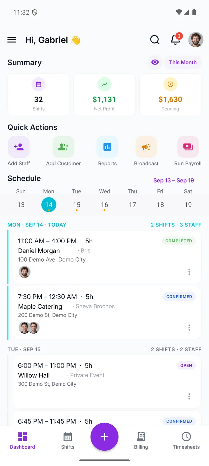 The Eventmatch mobile app for a business: this month's summary — 32 shifts, $1,131 net profit and $1,630 pending — then quick actions to add staff, add a customer, open reports, broadcast a shift or run payroll, and the current week of the schedule, with today's two shifts marked Completed and Confirmed and the next day's marked Open.