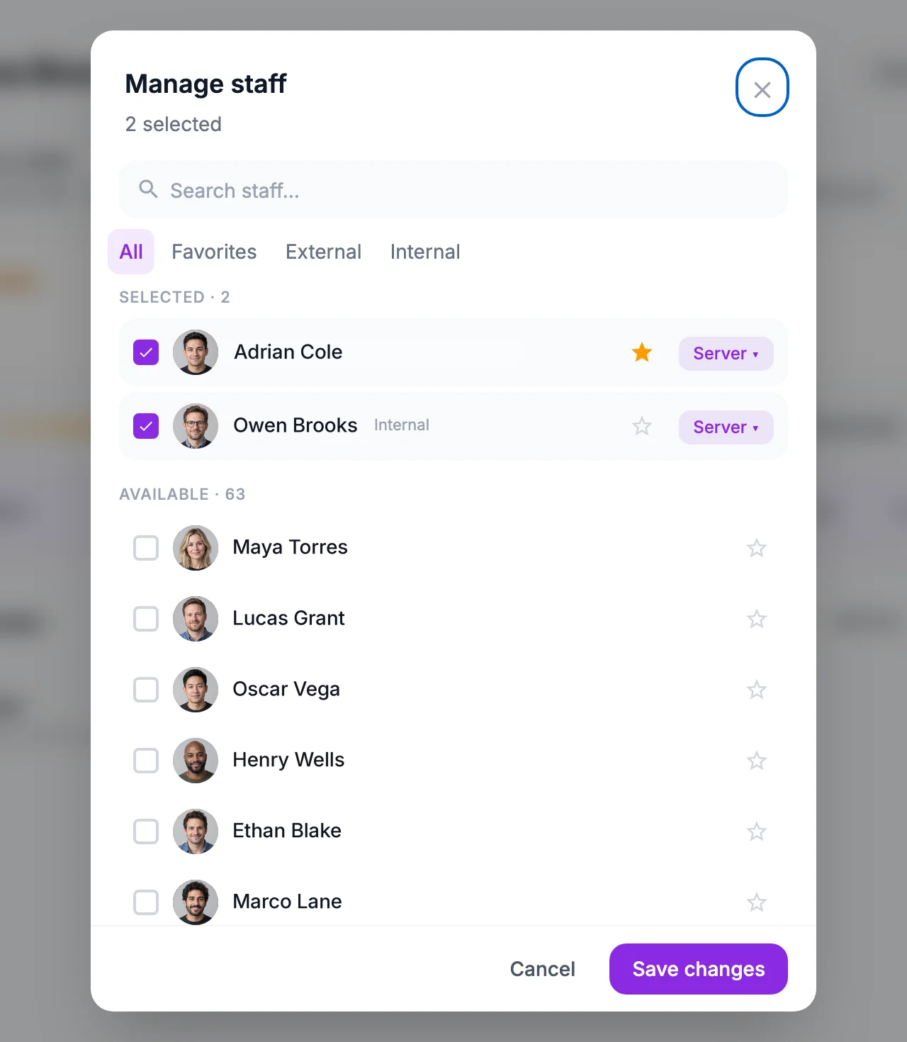 The Manage staff dialog on a shift in the Eventmatch web app: a search field, All / Favorites / External / Internal filters, the two team members already selected for the shift with their position, and the rest of the business's 63 available staff ready to be checked and saved.