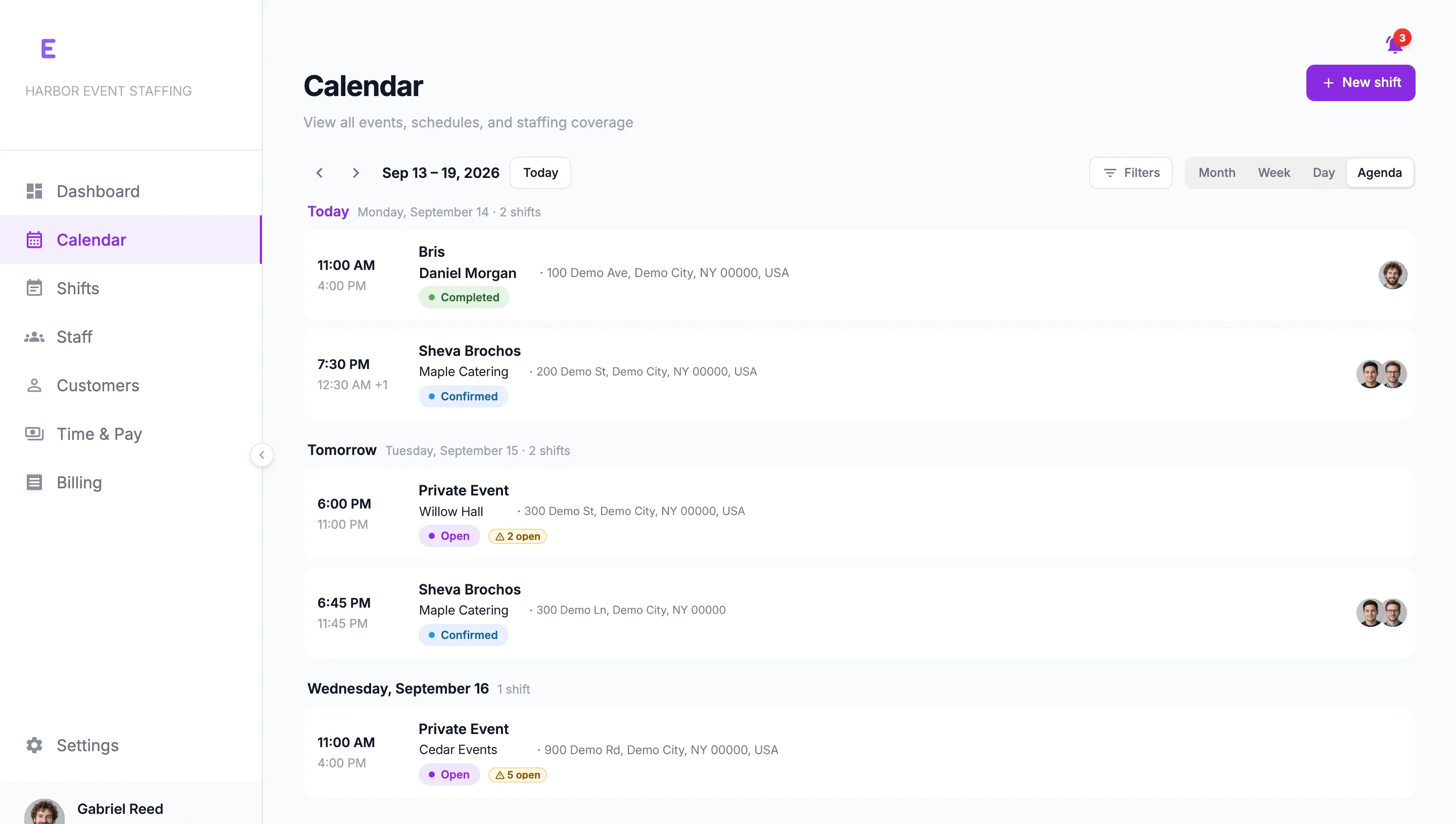The Eventmatch web app's Calendar in agenda view, on the current week: shifts grouped under Today, Tomorrow and Wednesday, each with its time, customer, address, the team members on it and a status — Completed, Confirmed, or Open with a count of the spots still to fill.